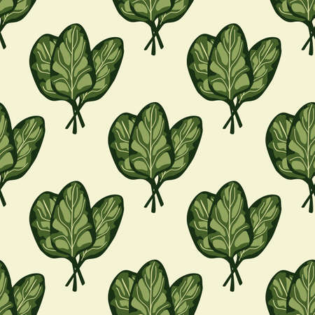 Seamless pattern bunch spinach salad on beige background. Simple ornament with lettuce. Geometric plant template for fabric. Design vector illustration.のイラスト素材
