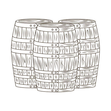 Set barrel isolated on white background. Wooden keg in engraved style. Vintage sketch black outline close up. Vector illustration design.のイラスト素材