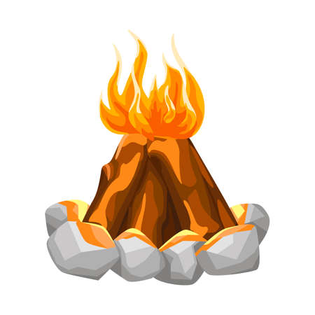 Tepee between stone campfire isolated on white background. Hiking fireplace in flat style. Cartoon vector illustration for any purpose.のイラスト素材