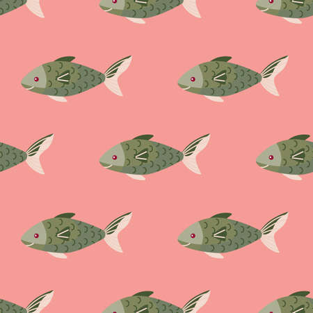 Seamless pattern fish on pink background. Abstract ornament with sea animals. Geometric template for fabric. Design vector illustration.のイラスト素材