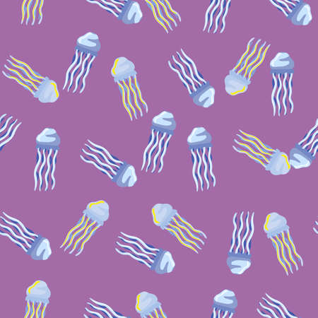 Seamless pattern jellyfish on purple background. Abstract ornament with sea animals. Random template for fabric. Design vector illustration.のイラスト素材