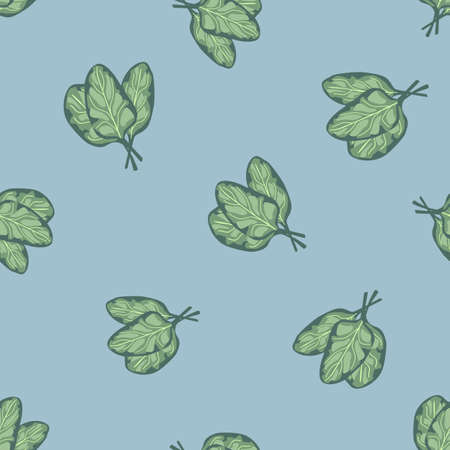 Seamless pattern bunch spinach salad on blue background. Simple ornament with lettuce. Random plant template for fabric. Design vector illustration.のイラスト素材