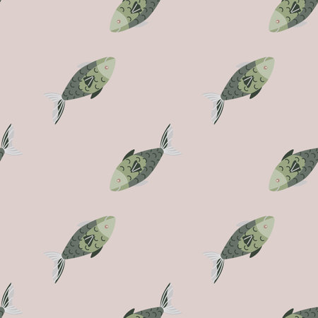 Seamless pattern fish on pastel brown background.Abstract ornament with sea animals. Geometric template for fabric. Design vector illustration.のイラスト素材
