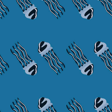 Seamless pattern jellyfish on bright blue background. Simple ornament with sea animals .Geometric template for fabric. Design vector illustration.のイラスト素材