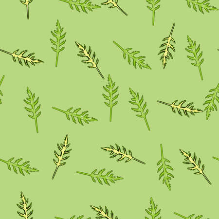 Seamless pattern bunch arugula salad on pastel green background. Modern ornament with lettuce. Random plant template for fabric. Design vector illustration.のイラスト素材