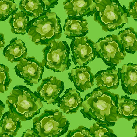 Seamless pattern Butterhead salad on bright green background. Modern ornament with lettuce. Random plant template for fabric. Design vector illustration.のイラスト素材