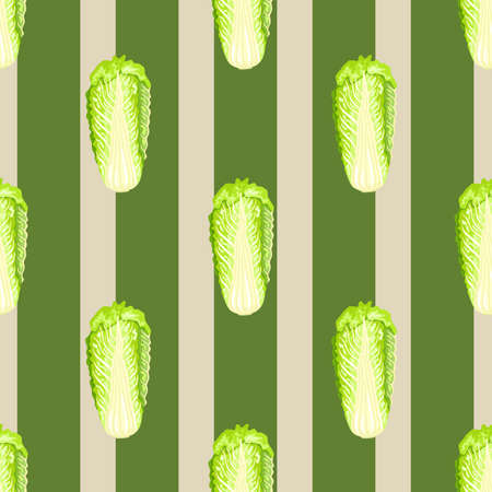 Seamless pattern Chinese cabbage on stripes background. Simple ornament with lettuce. Geometric plant template for fabric. Design vector illustration.のイラスト素材