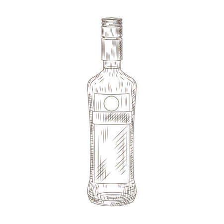 Bottle schnapps isolated on white background. Bottle in engraved style. Vintage sketch black outline close up. Vector illustration design.のイラスト素材