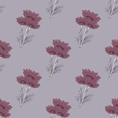 Seamless pattern chamomile on gray background. Beautiful ornament summer violet flowers. Geometrical texture template for fabric. Design vector illustration.のイラスト素材