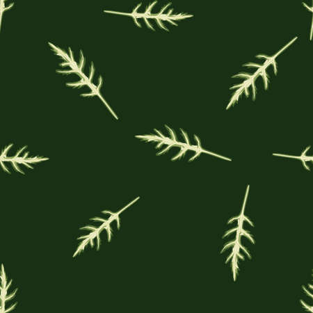 Seamless pattern bunch arugula salad on dark green background. Simple ornament with lettuce. Random plant template for fabric. Design vector illustration.のイラスト素材