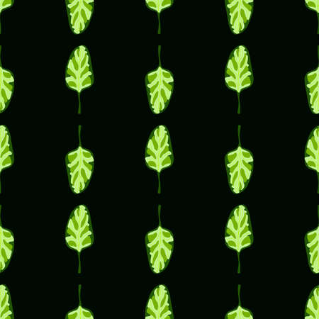 Seamless pattern Spinach salad on black background. Minimalistic ornament with lettuce. Geometric plant template for fabric. Design vector illustration.のイラスト素材