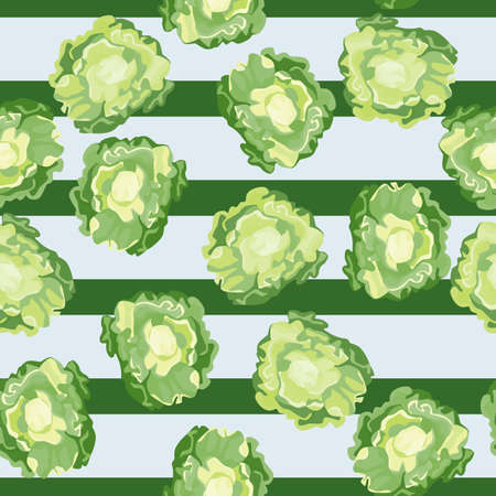 Seamless pattern Butterhead salad on blue striped background. Simple ornament with lettuce. Random plant template for fabric. Design vector illustration.のイラスト素材