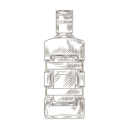Bottle Becherovka isolated on white background. Bottle in engraved style. Vintage sketch black outline close up. Vector illustration design.のイラスト素材
