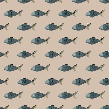 Seamless pattern fish on light brown background. Simple ornament with sea animals. Geometric template for fabric. Design vector illustration.のイラスト素材