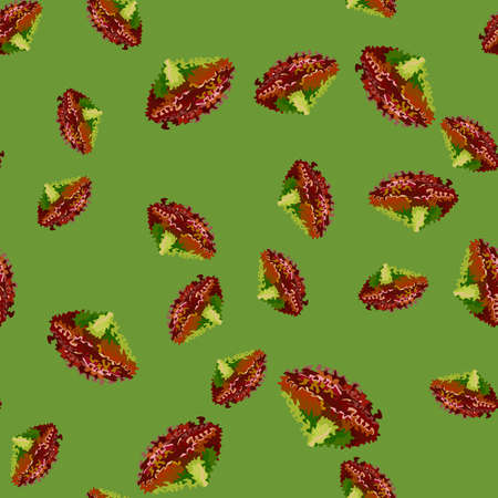 Seamless pattern lola rosa salad on green background. Modern ornament with lettuce. Random plant template for fabric. Design vector illustration.のイラスト素材