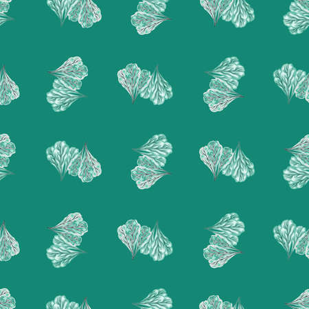 Seamless pattern bunch mangold salad on turquoise background. Abstract ornament with lettuce. Geometric plant template for fabric. Design vector illustration.のイラスト素材