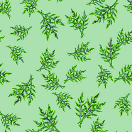Seamless pattern bunch arugula salad on pastel green background. Modern ornament with lettuce. Random plant template for fabric. Design vector illustration.のイラスト素材
