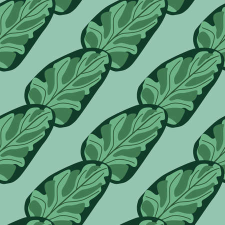 Seamless pattern Spinach salad on blue striped background. Abstract ornament with lettuce. Diagonal plant template for fabric. Design vector illustration.のイラスト素材