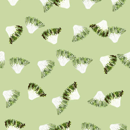 Seamless pattern frisee salad on pastel green background. Abstract ornament with lettuce. Random plant template for fabric. Design vector illustration.のイラスト素材