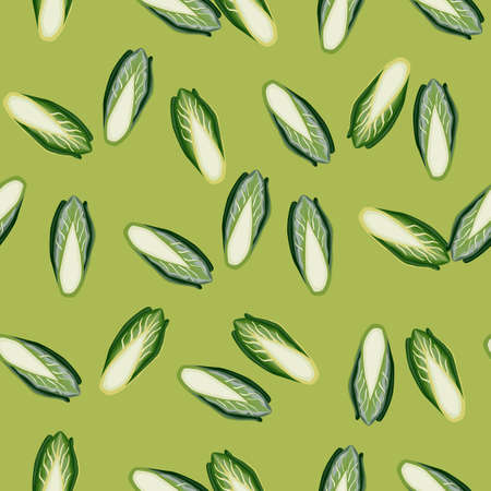 Seamless pattern Chicory cabbage on green background. Modern ornament with lettuce. Random plant template for fabric. Design vector illustration.のイラスト素材