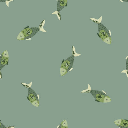 Seamless pattern fish on pastel green background. Modern ornament with sea animals. Random template for fabric. Design vector illustration.のイラスト素材
