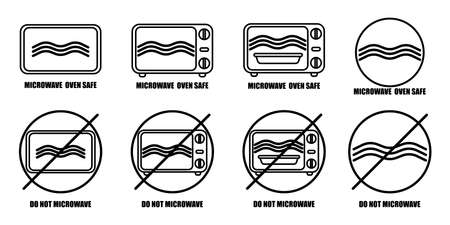 Microwave oven safe inscriptions isolated on white background. Icon warning for cookware in ink style. Vector illustration design.のイラスト素材