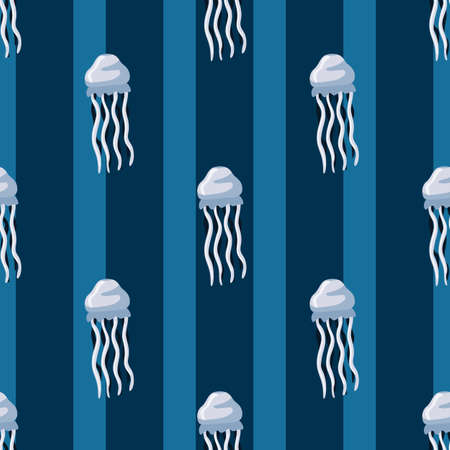 Seamless pattern jellyfish on dark blue background. Modern ornament with sea animals .Geometric template for fabric. Design vector illustration.のイラスト素材