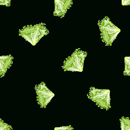 Seamless pattern Batavia salad on black background. Modern ornament with lettuce. Random plant template for fabric. Design vector illustration.のイラスト素材