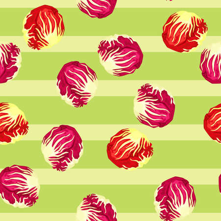 Seamless pattern Radicchio salad on light stripe background. Abstract ornament with red lettuce. Random plant template for fabric. Design vector illustration.のイラスト素材