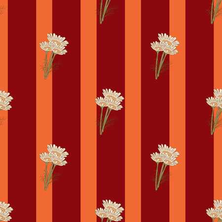 Seamless pattern chamomile on red stripes background. Beautiful ornament summer flowers. Geometrical texture template for fabric. Design vector illustration.のイラスト素材