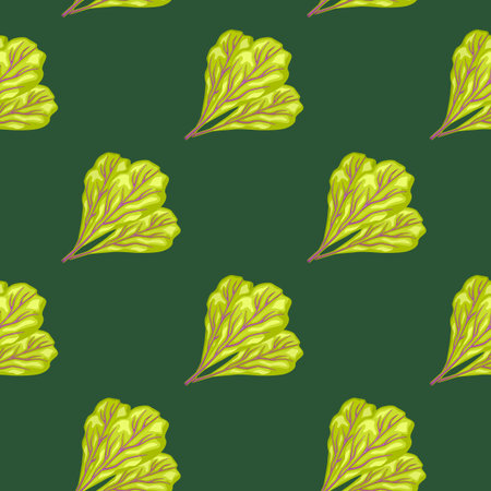 Seamless pattern bunch mangold salad on green background. Modern ornament with lettuce. Geometric plant template for fabric. Design vector illustration.のイラスト素材