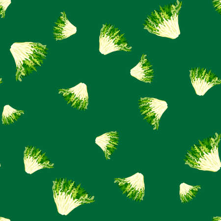 Seamless pattern frisee salad on teal background. Modern ornament with lettuce. Random plant template for fabric. Design vector illustration.のイラスト素材