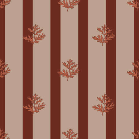 Seamless pattern wormwood on stripes brown background. Beautiful plant ornament. Geometrical texture template for fabric. Design vector illustration.のイラスト素材