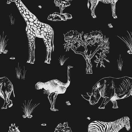 Seamless pattern safari wildlife isolated on black background. African animals giraffe, ostrich, rhinoceros, zebra in chalk style. Textile design monochrome print of savannah. Vector illustrationのイラスト素材