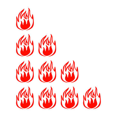 Fire indicator the degree of sharpness of the dish isolated on white background. Sticker red color for menu restaurant in flat style. Vector illustration design.のイラスト素材