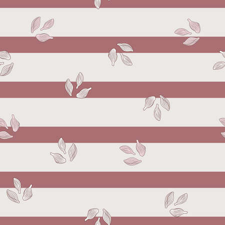 Seamless pattern cardamom on stripes pink background. Cute plant sketch ornament. Random texture template for fabric. Design vector illustration.のイラスト素材