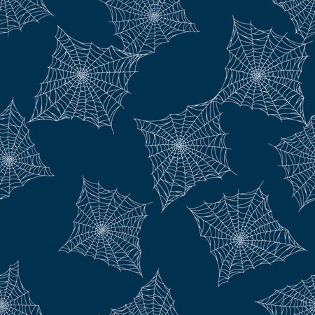 Seamless pattern spider web isolated on blue background. Outline spooky cobwebs template for fabric. Design vector illustration. Great for textile print, wrapping, cover.のイラスト素材