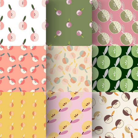 Set of apple fruit seamless pattern. Doodle style apple pattern collections. Vector illustration for seasonal textile prints, fabric design, banners, backdrops and wallpapers.の写真素材
