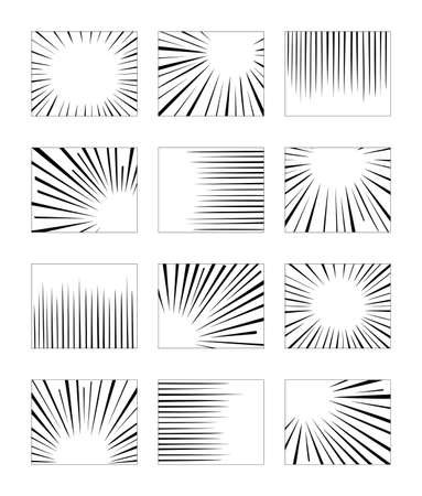 Set manga motion lines isolated on white background. Comic action frame line. Template of effects for comics book. Design sketches rays splash to anime. Vector illustration backdrop for any purposes.のイラスト素材