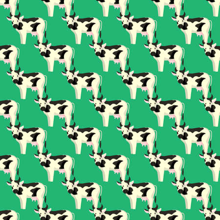 Seamless pattern cow on bright green background. Texture of farm animals for any purpose. Geometric template for textile fabric design. Simple vector ornament.のイラスト素材