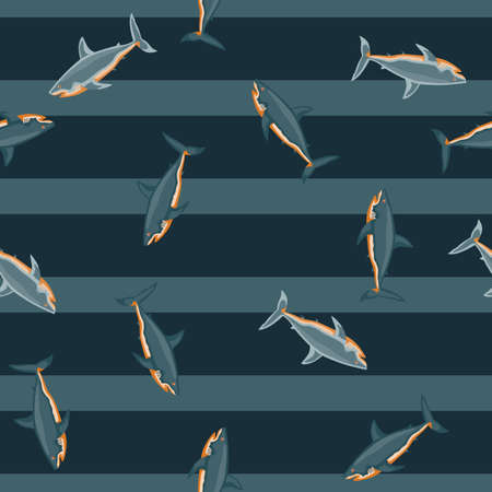 Seamless pattern shark on striped gray background. Texture of marine fish for any purpose. Random template for textile fabric design. Simple vector ornament.のイラスト素材
