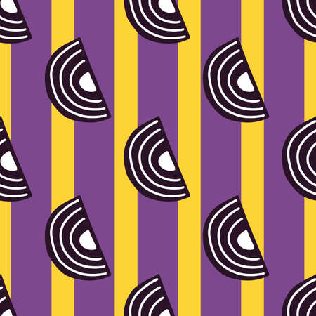 Abstract seamless pattern on striped purple yellow background. Geometrical shapes for textile design. Modern template print for any purpose. Simple vector fabric ornament.のイラスト素材