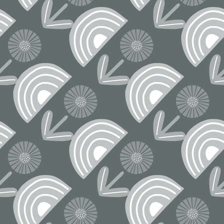 Seamless pattern abstract flowers on gray background. Minimalist textured of plants for textile design. Geometric template print for any purpose. Simple vector fabric ornament.のイラスト素材
