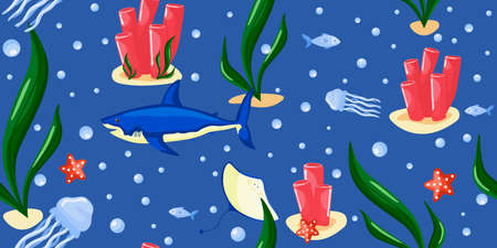 Seamless pattern underwater world on blue background. Design marine banner with cute fish, starfish, jellyfish, shark, corals. Vector textile print of ocean. Illustration template for fabric.のイラスト素材
