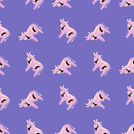 Seamless pattern cow on violet background. Texture of farm animals for any purpose. Geometric template for textile fabric design. Simple vector ornament.のイラスト素材