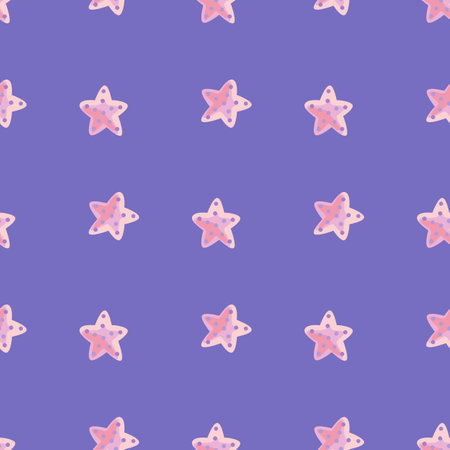 Seamless pattern sea star on puprle background. Marine starfish templates for fabric. Design vector illustration. For seasonal textile prints, banners, backdrops and wallpapers.のイラスト素材