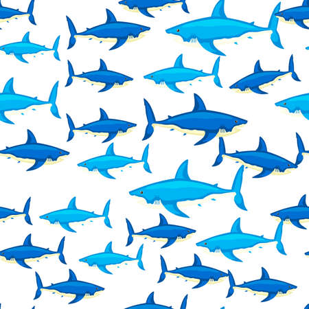 Seamless pattern shark on isolated white background. Texture of marine fish for any purpose. Random template for textile fabric design. Simple vector ornament.のイラスト素材