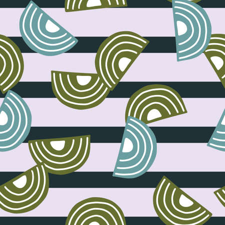 Abstract seamless pattern on striped gray background. Geometrical shapes for textile design. Random template print for any purpose. Simple vector fabric ornament.のイラスト素材