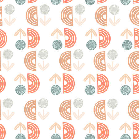 Seamless pattern abstract flowers on white background. Minimalist pink textured of plants for textile design. Geometric template print for any purpose. Simple vector fabric ornament.のイラスト素材