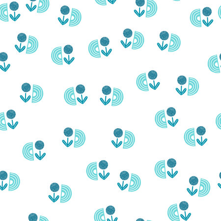 Seamless pattern abstract flowers on white background. Minimalist blue texture of plants for textile design. Random template print for any purpose. Simple vector fabric ornament.のイラスト素材